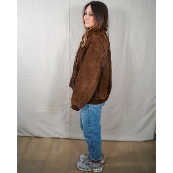 Vintage Suede Bomber Jacket Leather Collar Plaid Lining Brown Size M - Picture 5 of 10